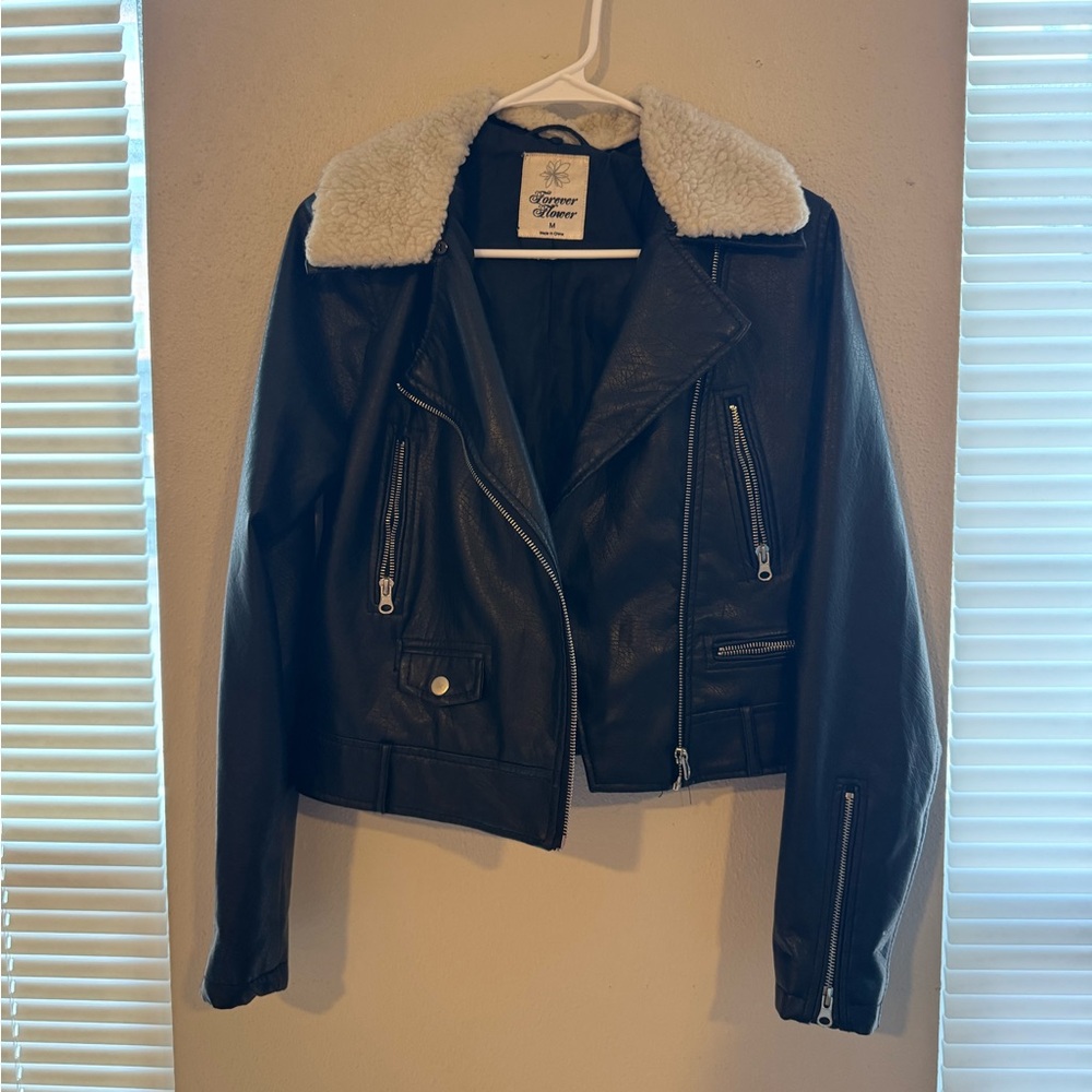 Forever Flower Black Faux Leather Moto Jacket